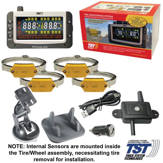4 Flow Thru Sensors Green Wireless Tire Pressure and Temperature Monitoring System Truck System Technologies TST TST-507-FT-4-C 507 Series 4 Flow Thru Sensor TPMS with Color Display and Repeater 