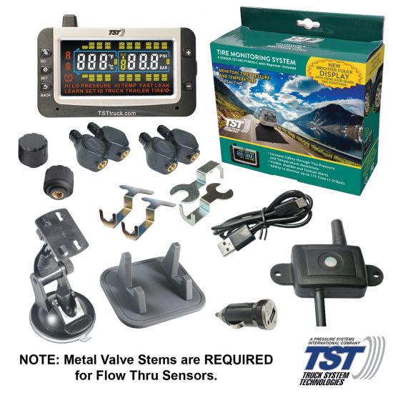 507 Series 4 Flow Thru 2 RV Cap TPMS System Color Display and Repeater (NOTE: Metal Valve Stems Required for Flow-thru Sensors)